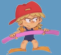 Rule 34 | &gt;:), 1girl, backwards hat, baseball cap, black eyes, blonde hair, blue background, blue one-piece swimsuit, blush, conoghi, flippers, hat, holding, inflatable armbands, lana loud, low twintails, nickelodeon, one-piece swimsuit, orange footwear, pool noodle, red hat, short hair, smile, standing, swimsuit, the loud house, twintails