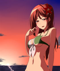 Rule 34 | 1girl, amagi (kancolle), beach, bikini, breasts, brown eyes, brown hair, flower, front-tie top, hair flower, hair ornament, hand up, kantai collection, long hair, open mouth, smile, solo, sunset, swimsuit, toho-77