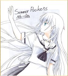 Rule 34 | 1girl, arm up, black neckerchief, blue eyes, commentary request, floating hair, hair ornament, hairclip, highres, long hair, looking to the side, na-ga, naruse shiroha, neckerchief, school uniform, second-party source, serafuku, shikishi, shirt, short sleeves, skirt, solo, summer pockets, traditional media, white hair, white serafuku, white shirt, white skirt