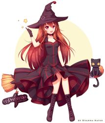 Rule 34 | 1girl, :d, animal, artist name, black cat, black dress, black gloves, boots, broom, broom riding, cat, choker, collarbone, colored sclera, dress, full body, full moon, gloves, hat, highres, hyanna-natsu, knee boots, long hair, looking at viewer, moon, open mouth, original, pointing, red eyes, red hair, sidesaddle, smile, solo, star (symbol), transparent background, witch hat, yellow sclera