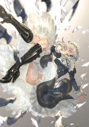 Rule 34 | 1girl, alternate costume, backlighting, blurry, boots, broken, broken glass, cross-laced footwear, depth of field, dress, falling, foreshortening, full body, glass, glowing, glowing eyes, gradient background, grey background, hair between eyes, high heel boots, high heels, highres, izayoi sakuya, lace-up boots, long sleeves, looking at viewer, makai no juumin, motion blur, red eyes, ribbon, shards, silver hair, simple background, solo, thighhighs, thighs, touhou, upside-down, weapon