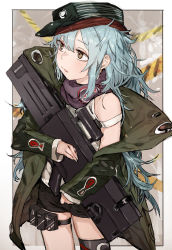 Rule 34 | 1girl, assault rifle, bare shoulders, black shorts, blue hair, blush, brown eyes, bullpup, caseless firearm, flat cap, g11 (girls&#039; frontline), girls&#039; frontline, green hat, green jacket, gun, h&amp;k g11, hair between eyes, hat, highres, hiranko, holding, holding gun, holding weapon, horizontal magazine, jacket, long hair, long sleeves, looking away, looking to the side, name connection, object namesake, off shoulder, open clothes, open jacket, parted lips, personification, prototype design, rifle, shirt, short shorts, shorts, sleeves past wrists, solo, tank top, weapon, white shirt
