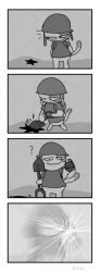 Rule 34 | 1boy, 4koma, ?, animal crossing, arms at sides, artist name, blurry, bob (animal crossing), boke-chan, border, bottomless, cat boy, cat tail, closed mouth, comic, confused, digging, explosion, full body, furry, furry male, grenade, greyscale, hand up, helmet, holding, holding grenade, holding shovel, male focus, monochrome, multiple views, nintendo, notice lines, shirt, short sleeves, shovel, signature, sketch, smile, standing, tail, twitter username, white border