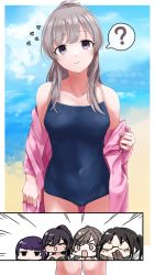 Rule 34 | 5girls, ?, ^ ^, arms at sides, beach, blue one-piece swimsuit, blunt bangs, chibi, chibi inset, closed eyes, collarbone, covered navel, feet out of frame, flying sweatdrops, grey hair, half-closed eyes, head tilt, highres, idolmaster, idolmaster shiny colors, jacket, jacket partially removed, l&#039;antica (idolmaster), looking at another, looking at viewer, mitsumine yuika, multiple girls, new school swimsuit, one-piece swimsuit, pink jacket, ponytail, rectangular mouth, school swimsuit, shirase sakuya, smile, solo focus, spoken question mark, surprised, swimsuit, swimsuit under clothes, tanaka mamimi, tsukioka kogane, v-shaped eyebrows, yanokake, yukoku kiriko