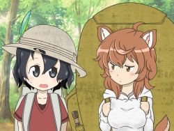 Rule 34 | 10s, 2girls, a-king, ahoge, animal ears, backpack, bag, black eyes, black hair, brown hair, bucket hat, commentary, crossover, day, dungeon ni deai wo motomeru no wa machigatteiru darou ka, forest, hair between eyes, hat, hat feather, kaban (kemono friends), kemono friends, liliruca arde, looking at another, multiple girls, nature, open mouth, outdoors, red shirt, shirt, short hair, sweatdrop, tail, trait connection, tree, upper body, yellow eyes