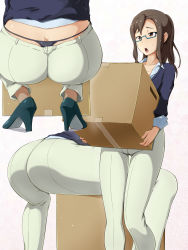 Rule 34 | 10s, 1girl, ass, ass focus, black panties, box, brown eyes, brown hair, butt crack, cameltoe, cardboard box, carrying, commentary request, duplicate, glasses, high heels, highres, hip focus, kouzuki sanae, long hair, non-web source, ocza, panties, panty peek, ponytail, sakura quest, squatting, sweat, thick thighs, thighs, thong, underwear, whale tail (clothing), wide hips