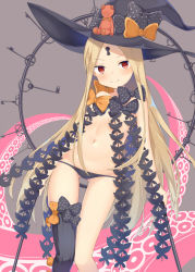 Rule 34 | 1girl, abigail williams (fate), abigail williams (second ascension) (fate), aroma0501, asymmetrical legwear, black bow, black hat, black panties, black thighhighs, blonde hair, blush, bow, breasts, closed mouth, commentary request, fate/grand order, fate (series), gluteal fold, grey background, hat, hat bow, head tilt, highres, key, keyhole, long hair, looking at viewer, orange bow, panties, parted bangs, red eyes, revealing clothes, single thighhigh, small breasts, smile, solo, suction cups, tentacles, thighhighs, topless, underwear, uneven legwear, v-shaped eyebrows, very long hair, witch hat