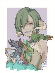 Rule 34 | 1boy, au ra, border, collared shirt, colored tongue, commentary, creature, creature on shoulder, curled horns, detached sleeves, dragon, dragon horns, dragon on shoulder, dual persona, english commentary, fangs, final fantasy, final fantasy xiv, from side, green hair, hair between eyes, half-closed eyes, hand up, happy, highres, holding, holding creature, horns, hraesvelgr (ff14), looking at viewer, male focus, midgardsormr, minimized, nidhogg (ff14), on shoulder, open mouth, outside border, purple background, purple tongue, red eyes, saku ff11, scales, shirt, short hair, signature, single bare shoulder, smile, swept bangs, upper body, varshahn, vrtra, white border, white shirt, wings