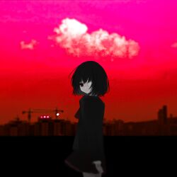 Rule 34 | 1girl, absurdres, another, arms behind back, black hair, black jacket, black skirt, blazer, blurry, blurry background, bob cut, building, cloud, commentary, depth of field, english commentary, expressionless, eyepatch, film grain, floating hair, from behind, gradient sky, half-closed eyes, highres, jacket, long sleeves, looking at viewer, looking back, medical eyepatch, misaki mei, neck ribbon, own hands together, pale skin, parted lips, photo background, pink sky, red eyes, red ribbon, red sky, ribbon, school uniform, short hair, skirt, sky, solo, traffic light, yomiyama north junior high school uniform, zi qi xiang