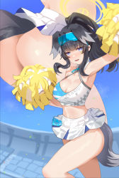 Rule 34 | 1girl, animal ears, ass, bad id, bad twitter id, bare shoulders, blue archive, blush, breasts, cheerleader, cleavage, dog ears, dog girl, dog tail, eyewear on head, goggles, goggles on head, halo, hibiki (blue archive), hibiki (cheer squad) (blue archive), highres, holding, holding pom poms, kakumayu, long hair, looking at viewer, medium breasts, millennium cheerleader outfit (blue archive), multiple views, navel, open mouth, pom pom (cheerleading), pom poms, smile, sticker on arm, sticker on face, tail, thighs