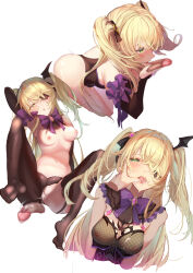 Rule 34 | 1girl, bare shoulders, bat ornament, black ribbon, blonde hair, blush, bodystocking, bodysuit, bow, bowtie, breasts, collar, cum, cum in mouth, cum in pussy, eyepatch, fellatio, female ejaculation, finger to another&#039;s mouth, fischl (genshin impact), fishnet bodysuit, fishnets, garter straps, genshin impact, gloves, green eyes, hair over one eye, hair ribbon, highres, leotard, long hair, medium breasts, mpr, nude, open mouth, oral, purple bow, purple bowtie, ribbon, see-through, simple background, single leg pantyhose, single thighhigh, thighhighs, thumb to mouth, two side up