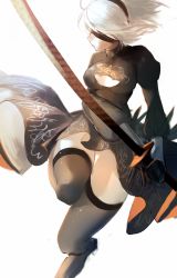 Rule 34 | 1girl, black dress, black gloves, black thighhighs, blindfold, breasts, cleavage, dress, gloves, hairband, highres, hojiro (piko519), holding, holding sword, holding weapon, medium breasts, mole, mole under mouth, nier (series), nier:automata, short hair, simple background, solo, sword, thighhighs, weapon, white background, white hair, 2b (nier:automata)