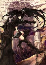 Rule 34 | 10s, 1girl, armor, bad id, bad pixiv id, belt, black hair, black rock shooter, boots, female focus, greaves, hair over one eye, huge weapon, insane black rock shooter, long hair, midriff, navel, otama (ladle), purple eyes, scar, solo, stitches, tamaco, thigh boots, thighhighs, twintails, weapon