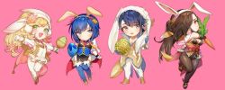 Rule 34 | alfonse (fire emblem), animal ears, blonde hair, blue eyes, blue hair, blush, breasts, brother and sister, brown eyes, brown hair, catria (fire emblem), chibi, cleavage, detached collar, egg, fake animal ears, fingerless gloves, fire emblem, fire emblem: mystery of the emblem, fire emblem fates, fire emblem heroes, gloves, green eyes, hair over one eye, headband, kagero (fire emblem), leotard, long hair, looking at viewer, male playboy bunny, medium breasts, multicolored hair, ninja, nintendo, open mouth, pantyhose, pegasus knight uniform (fire emblem), playboy bunny, ponytail, rabbit ears, rabbit tail, scarf, sharena (fire emblem), short hair, siblings, simple background, small breasts, smile, tail, thighhighs, white background, zuizi