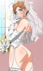 Rule 34 | 1girl, ass, bare shoulders, blue eyes, blush, bottomless, bouquet, breasts, bridal veil, brown hair, bustier, dress, earrings, elbow gloves, flower, garter straps, gloves, indoors, jewelry, kunifuto, large breasts, looking at viewer, necklace, original, shiny skin, short hair, solo, tears, thighhighs, veil, wedding dress