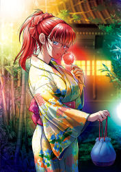 Rule 34 | 1girl, :p, bamboo, blue eyes, blush, brown-framed eyewear, candy, candy cane, colorful, distance, food, from side, hair ornament, hair scrunchie, highres, holding, japanese clothes, kimono, kinchaku, long sleeves, looking at viewer, looking to the side, mole, mole under eye, original, over-rim eyewear, ponytail, pouch, red hair, scrunchie, semi-rimless eyewear, smile, solo, standing, tongue, tongue out, wide sleeves, yukata