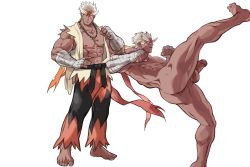 Rule 34 | 1boy, abs, bandages, bara, bare pectorals, black pants, blaziken, blonde hair, blue eyes, body hair, chain necklace, creatures (company), dark-skinned male, dark skin, dizdoodz, fighting stance, full body, game freak, gen 3 pokemon, hand on own hip, headband, highres, kicking, large pectorals, leaning back, looking at viewer, male focus, multiple views, muscular, muscular male, necklace, nintendo, nipples, nude, pants, pectorals, penis, personification, pokemon, precum, shirt, short hair, simple background, sleeveless, spiked hair, stomach, testicles, thick eyebrows, thick thighs, thighs, torn clothes, torn shirt, uncensored, veins, veiny penis, yellow background