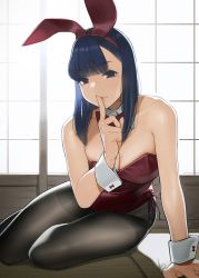 Rule 34 | 1girl, animal ears, backlighting, bare shoulders, blue eyes, blue hair, blush, bow, bowtie, breasts, cleavage, collarbone, detached collar, fake animal ears, finger to mouth, highres, hip focus, index finger raised, large breasts, leotard, long hair, looking at viewer, mole, mole on breast, mole under eye, original, pantyhose, parted lips, playboy bunny, rabbit ears, red bow, red bowtie, red leotard, shushing, smile, solo, thighs, wrist cuffs, yomu (sgt epper)