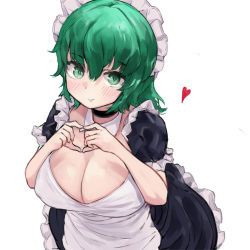 Rule 34 | 1girl, absurdres, apron, bad source, black dress, breasts, cleavage, closed mouth, dress, green eyes, green hair, heart, heart hands, highres, large breasts, looking at viewer, maid headdress, megame (okbnkn), original, puffy short sleeves, puffy sleeves, short sleeves, simple background, smile, solo, white apron, white background