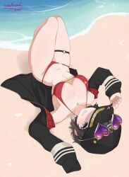 Rule 34 | 1girl, absurdres, aqua eyes, arrow through heart, artist name, baseball cap, beach, bikini, black hair, black hat, black jacket, breasts, cosplay, dot nose, eyewear on headwear, grin, hakimen, hat, heart, heart-shaped eyewear, heart necklace, highres, hololive, houshou marine, houshou marine (cosplay), houshou marine (summer), jacket, jewelry, knees up, large breasts, light blush, long sleeves, looking at viewer, lying, navel, necklace, o-ring, o-ring thigh strap, on back, one eye covered, oozora subaru, open clothes, open jacket, red bikini, shore, short hair, skindentation, sleeves past fingers, sleeves past wrists, smile, solo, stomach, sunglasses, swimsuit, thigh gap, thigh strap, thighs, upside-down, virtual youtuber, water
