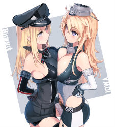 Rule 34 | 10s, 2girls, bad id, bad pixiv id, bare shoulders, belt, bismarck (kancolle), black gloves, black legwear, blonde hair, blue eyes, blush, breast press, breasts, character name, cleavage, eye contact, from above, from side, garter straps, gloves, hair between eyes, hat, headgear, iowa (kancolle), kantai collection, kylin, large breasts, long hair, looking at another, miniskirt, multiple girls, peaked cap, simple background, skirt, smile, standing, star-shaped pupils, star (symbol), sweatdrop, symbol-shaped pupils, symmetrical docking, white background, white gloves