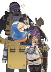 Rule 34 | 1boy, 2girls, absurdres, anger vein, animification, apex legends, ass, belt, black bodysuit, black thighhighs, blue bodysuit, bodysuit, brown belt, brown hair, cable, caustic (apex legends), chinese commentary, closed eyes, gas mask, gloves, goggles, green eyes, hair behind ear, hair bun, hand on another&#039;s shoulder, hand on own hip, hazmat suit, head tilt, highres, hood, hood down, hood up, hooded bodysuit, hooded jacket, hug, jacket, leaning back, leaning forward, mask, multiple girls, open hand, orange jacket, outline, single hair bun, smile, thigh strap, thighhighs, tuxiaoning not, v-shaped eyebrows, wattson (apex legends), white background, white bodysuit, white outline, wraith (apex legends), yellow gloves, yuri