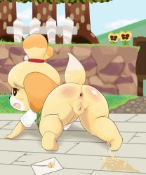 Rule 34 | 1girl, all fours, animal crossing, animal ears, anus, ass, black eyes, blush stickers, bottomless, breath, cleft of venus, closed mouth, cloud, day, dog ears, dog tail, female focus, fence, flower, full body, gaping, heart, highres, isabelle (animal crossing), letter, nintendo, no humans, no panties, open mouth, outdoors, peeing, profile, pussy, sake kemosalmon, shirt, short sleeves, sky, smash ball, solo, spanked, tail, teeth, textless version, topknot, tree, uncensored, upper teeth only, vest, white shirt, white sleeves, wooden floor