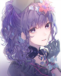 Rule 34 | 1girl, absurdres, asahina mafuyu, black dress, black gloves, black headwear, bloom, close-up, commentary, crossed bangs, dress, flower, flower request, gloves, gradient background, hair flower, hair ornament, highres, long hair, looking at viewer, maigo no te wo hiku sono saki wa (project sekai), parted lips, plant, ponytail, portrait, project sekai, purple background, purple eyes, purple hair, red flower, runaruna1444, solo, vines, white background, white flower