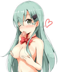 Rule 34 | 10s, 1girl, aikawa ryou, aqua hair, blush, bow, bowtie, breasts, condom, condom in mouth, covering nipples, covering privates, green eyes, heart, highres, kantai collection, long hair, looking at viewer, medium breasts, mouth hold, navel, nude, one eye closed, simple background, solo, suzuya (kancolle), upper body, white background