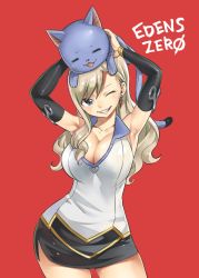 Rule 34 | 1girl, blonde hair, blue eyes, breasts, cat, cleavage, detached sleeves, earrings, eden&#039;s zero, happy (eden&#039;s zero), highres, jewelry, large breasts, long hair, mashima hiro, official art, one eye closed, rebecca bluegarden, skirt, smile