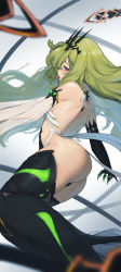 Rule 34 | 1girl, :p, absurdres, ass, asymmetrical gloves, backless dress, backless outfit, bare shoulders, black dress, black gloves, blurry, blurry foreground, crown, dress, gloves, green hair, highres, honkai (series), honkai impact 3rd, long hair, looking at viewer, mismatched gloves, mobius (honkai impact), purple eyes, rou (rou22), see-through, see-through sleeves, single sleeve, solo, tongue, tongue out