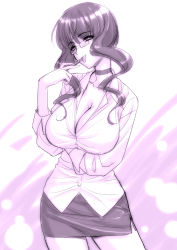 Rule 34 | 10s, 1girl, :p, black rock shooter, breast hold, breasts, cleavage, dead master, dress shirt, glasses, huge breasts, magaki ryouta, mature female, monochrome, naughty face, office lady, open clothes, open shirt, original, pencil, pencil skirt, shirt, skirt, solo, teacher, tongue, tongue out