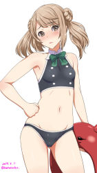 Rule 34 | 1girl, bikini, black bikini, blush, breasts, brown eyes, brown hair, clenched hand, groin, hand on own hip, innertube, kantai collection, katou techu, looking at viewer, michishio (kancolle), navel, simple background, small breasts, solo, standing, swim ring, swimsuit, twintails, white background