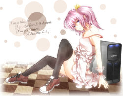 Rule 34 | 1girl, black thighhighs, blue eyes, bow, checkered floor, computer, english text, floor, hair bow, md5 mismatch, original, pc personification, perspective, pink hair, shiroino (shirayuki mutsuki), shoes, short hair, side ponytail, sitting, sneakers, solo, strap slip, thighhighs, wrist cuffs, zettai ryouiki