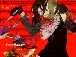 Rule 34 | 1boy, blood, blood on clothes, cannibalism, english text, fork, knife, licking lips, long hair, male focus, newo (shinra-p), original, solo, tongue, tongue out
