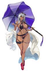 Rule 34 | 1girl, beach umbrella, bikini, breasts, closed mouth, commission, curvy, dark-skinned female, dark skin, eyewear on head, full body, gluteal fold, highleg, highleg bikini, highres, large breasts, long hair, looking at viewer, navel, navel piercing, o-ring, o-ring bikini, ookuma nekosuke, original, piercing, red eyes, second-party source, silver hair, skeb commission, skindentation, smile, solo, standing, sweat, swimsuit, tattoo, thigh gap, umbrella, very long hair