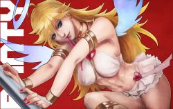 Rule 34 | 1girl, absurdres, angel wings, armlet, blonde hair, halo, highres, jewelry, long hair, looking at viewer, makeup, monori rogue, mouth hold, nail polish, panty &amp; stocking with garterbelt, panty (psg), red background, red nails, simple background, skirt, solo, wings