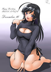 Rule 34 | 1girl, ahoge, alternate eye color, arm between legs, artist name, barefoot, black hair, black panties, black sweater, blush, breasts, character name, cleavage, cleavage cutout, clothing cutout, commentary, dated, english text, full body, girls und panzer, gradient background, grey background, happy birthday, head tilt, highres, isuzu hana, large breasts, legs, light blush, long hair, long sleeves, looking at viewer, matsui yasutsugu, meme attire, no pants, open-chest sweater, open mouth, panties, pointing, pointing at self, purple eyes, ribbed sweater, shadow, side-tie panties, side-tie peek, signature, sitting, smile, solo, sweater, turtleneck, underwear, wariza