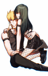 Rule 34 | 1boy, 1girl, absurdres, black hair, black pants, black shirt, black skirt, blunt bangs, carly nagisa, chain, closed mouth, collarbone, couple, crop top, fishnet pantyhose, fishnets, from side, goth fashion, gothic, hair between eyes, hand on another&#039;s knee, hand on another&#039;s shoulder, hetero, highres, jack atlas, long hair, miniskirt, naoki (2rzmcaizerails6), no eyewear, pants, pantyhose, parted lips, red eyes, shirt, simple background, skirt, sleeveless, sleeveless shirt, straight hair, white background, yu-gi-oh!, yu-gi-oh! 5d&#039;s
