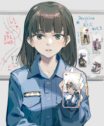 Rule 34 | 1girl, black eyes, blue shirt, blunt bangs, blush, breast pocket, cellphone, chinese commentary, collarbone, collared shirt, commentary request, hand up, highres, holding, holding phone, long sleeves, looking at viewer, medium hair, original, parted lips, phone, pocket, police, police uniform, policewoman, shirt, smartphone, solo, straight-on, teeth, tennohi, uniform, upper body, upper teeth only