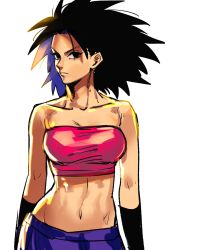 Rule 34 | 1girl, arms at sides, bandeau, bare arms, bare shoulders, black eyes, black hair, breasts, caulifla, closed mouth, collarbone, dragon ball, dragon ball super, expressionless, eyelashes, female focus, highres, looking at viewer, medium breasts, midriff, multicolored hair, navel, neck, okada (hoooojicha), pants, pink tube top, purple hair, purple pants, serious, shaded face, simple background, solo, spiked hair, standing, stomach, strapless, tube top, two-tone hair, upper body, white background, wristband