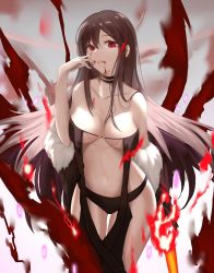Rule 34 | 1girl, bare arms, bare legs, bare pectorals, bare shoulders, black choker, black panties, blood, blood in mouth, blood on face, bra, breasts, brown hair, choker, collarbone, commentary request, dress, ear piercing, earrings, fate/grand order, fate (series), finger to face, highres, jewelry, l.kili, large breasts, long hair, looking at viewer, navel, panties, pectorals, piercing, red eyes, revealing clothes, solo, strapless, strapless bra, strapless dress, underwear, very long hair, yu mei-ren (fate)