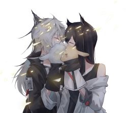 Rule 34 | 2girls, animal ears, arknights, black hair, closed mouth, doll, grey hair, hand puppet, holding, holding doll, jacket, kiss, lappland (arknights), long hair, multiple girls, puppet, senkane, simple background, texas (arknights), vest, white background, wolf ears, wolf girl, yuri