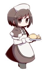 Rule 34 | 1girl, apron, blush, brown dress, brown eyes, brown hair, closed mouth, commentary request, cropped legs, cunnon, cup, dress, gloves, grey necktie, grey pantyhose, hat, highres, holding, holding tray, looking at viewer, looking to the side, maid, naga u, necktie, nurse cap, pantyhose, puffy short sleeves, puffy sleeves, saucer, short hair, short necktie, short sleeves, solo, summon night, summon night 3, teacup, teapot, tray, white apron, white gloves, white hat