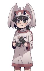Rule 34 | 1girl, alien nine, black gloves, black hair, borg (alien nine), clenched teeth, commentary, cowboy shot, fingerless gloves, gloves, grey eyes, gym uniform, hands on own chest, hands up, helmet, highres, jitome, karepack, looking at viewer, low twintails, name tag, ootani yuri, parted lips, red shirt, red shorts, shirt, short hair, shorts, standing, teeth, transparent background, twintails, white shirt, winged helmet
