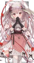 Rule 34 | 1girl, animal ears, black bow, black gloves, bow, brown eyes, cat ears, cat tail, covering own mouth, dress, elbow gloves, frilled dress, frills, gloves, goma (u p), grey hair, hair ornament, hairband, hand over own mouth, highres, long hair, looking at viewer, original, parfait, pink dress, red bow, simple background, solo, strawberry parfait, tail, thighhighs, two-tone dress, white dress, white thighhighs