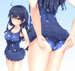 Rule 34 | 1girl, adjusting clothes, adjusting swimsuit, ahoge, ass, black hair, blue background, blue one-piece swimsuit, blue skirt, breasts, brown eyes, casual one-piece swimsuit, collarbone, gradient background, hair between eyes, highres, kantai collection, lips, long hair, looking away, medium breasts, ochikata kage, one-piece swimsuit, polka dot, polka dot swimsuit, ribbon, school uniform, serafuku, skirt, smile, solo, swimsuit, ushio (kancolle), white background