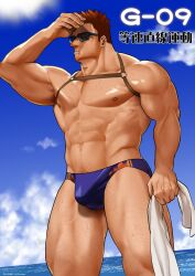 Rule 34 | 1boy, abs, alternate costume, armpit hair, armpit peek, bara, beach, blue-framed eyewear, blue male swimwear, blue sky, boku no hero academia, bulge, chest hair, cloud, day, endeavor (boku no hero academia), facial hair, feet out of frame, flame print, hand on own face, highres, large pectorals, leg hair, male focus, male swimwear, mature male, muscular, muscular male, navel hair, nipples, outdoors, p (pppppppppq), pectorals, print male swimwear, promotional art, revision, scar, scar across eye, scar on face, short hair, sideburns, sky, solo, sparse chest hair, sparse navel hair, spiked hair, stomach, stubble, summer, sun, sunglasses, sunlight, sweat, swim briefs, thick thighs, thighs, topless male, translation request, veiny crotch, water