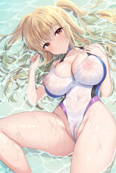 Rule 34 | 1girl, awayuki ramika, bare legs, blonde hair, breasts, cameltoe, cleft of venus, closed mouth, collarbone, commentary request, competition swimsuit, covered navel, crossed bangs, floating hair, hair between eyes, highleg, highres, large breasts, long hair, looking at viewer, lying, nipples, on back, one-piece swimsuit, original, partially submerged, red eyes, see-through, see-through one-piece swimsuit, smile, swimsuit, taut clothes, taut swimsuit, thighs, very long hair, wet, white one-piece swimsuit