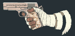 Rule 34 | 1boy, bandages, blue background, close-up, fallout (series), fallout: new vegas, flat color, gun, handgun, joshua graham, m1911, male focus, out of frame, profile, simple background, solo, weapon, y (chos)